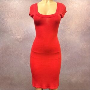 Red Ribbed Bodycon Dress | Scoop Neck Cap Sleeve Fitted Midi | Y2K Casual L